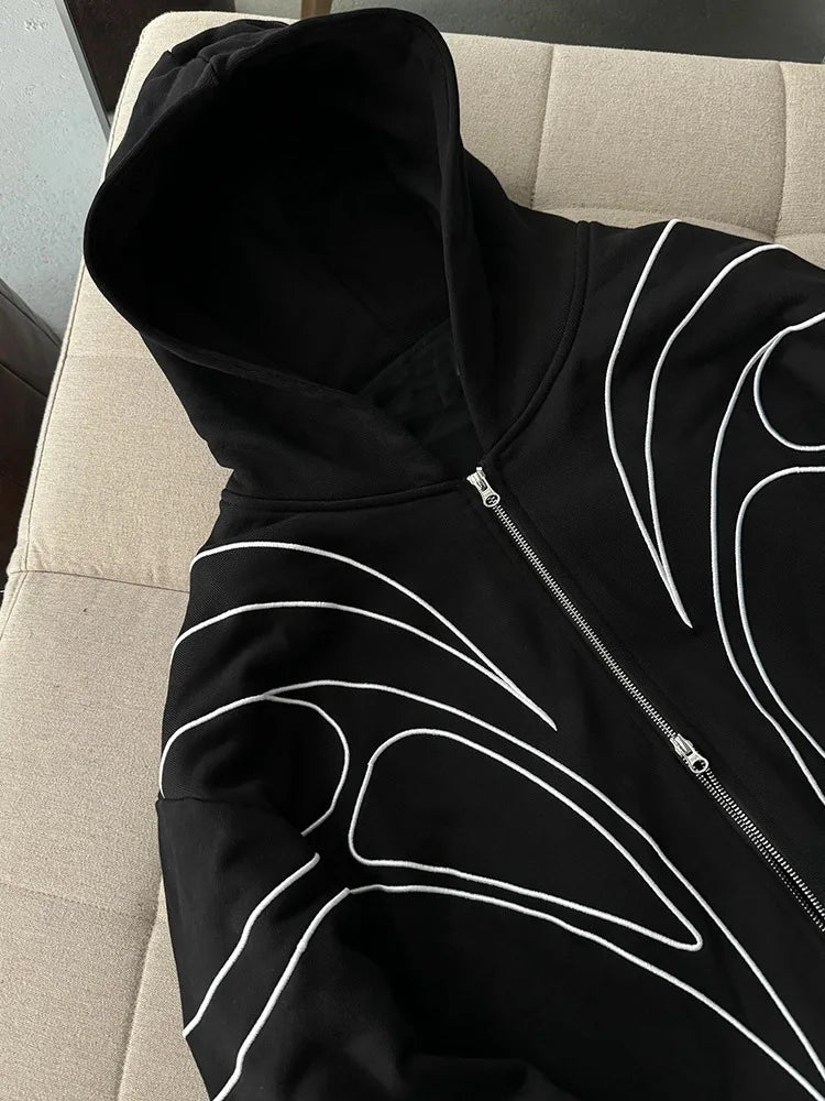 Street Retro Fashion Clothing Striped Embroidered Black Double Zipper Hoodie American Hip-hop Punk Oversized Sweatshirt Women - Matrix Studios