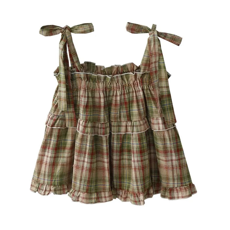 Y2K Hot Women Summer Acubi Japan Vintage Gyaru Tanks & Camis Lace Up Green Crop Top Plaid Strap Sleeveless Tank Tops Clothes - Matrix-studios.com
