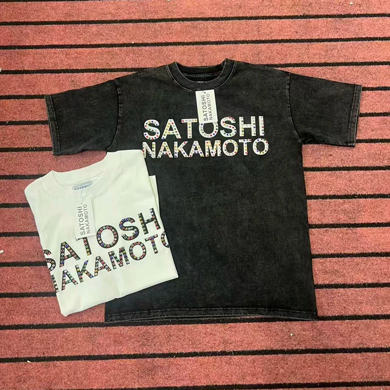 Real Photo SATOSHI Tshirts Vintage Distressed Faded Letter Print Rivets Breathable Cotton Round Neck Short Sleeve Men Women Tops - Matrix-studios.com