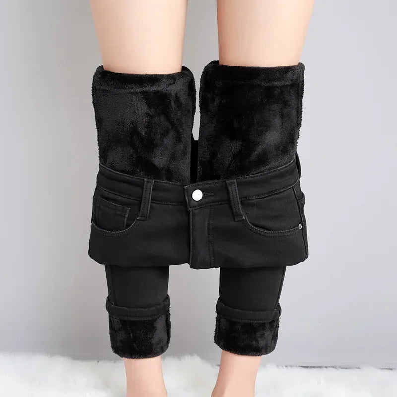Women Thermal Skinny Jeans Mom Winter Warm Plush Stretch Jeans Lady Fleece Snow Denim Pants Student Pencil Straight Leg Trousers - Matrix-studios.com