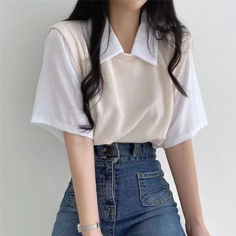 New Women Polo Shirt Summer Women Fake Two-Piece Color-Blocked Short Sleeve Loose Top Girls Casual Basic Shirt Adult Polo Shirt - Matrix-studios.com