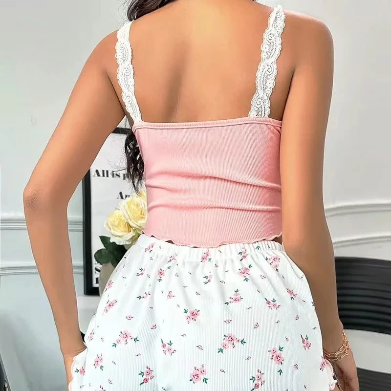 2Pcs Women Pajama Set Pink Lace Patchwork V-Neck Sleepwear Sexy Nighties Suit Cami Top Printed Shorts Soft Pyjamas Loungewear - Matrix-studios.com