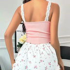 2Pcs Women Pajama Set Pink Lace Patchwork V-Neck Sleepwear Sexy Nighties Suit Cami Top Printed Shorts Soft Pyjamas Loungewear - Matrix-studios.com