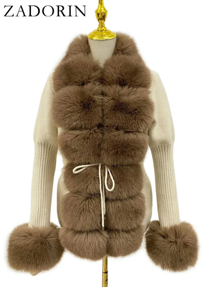 ZADORIN Autumn Winter Women Faux Fur Coat Luxury Knitted Sweater Fur Cardigan Detachable Collar White Pink Jacket Faux Fur Coats - Matrix Studios