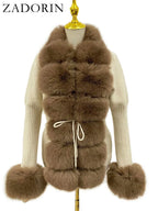 ZADORIN Autumn Winter Women Faux Fur Coat Luxury Knitted Sweater Fur Cardigan Detachable Collar White Pink Jacket Faux Fur Coats - Matrix Studios
