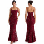 Women Floral Embroidery Sequin Mermaid Prom Dress, Spaghetti Strap Corset Bodycon Long Evening Gown for Wedding Guest Formal Party - Matrix-studios.com