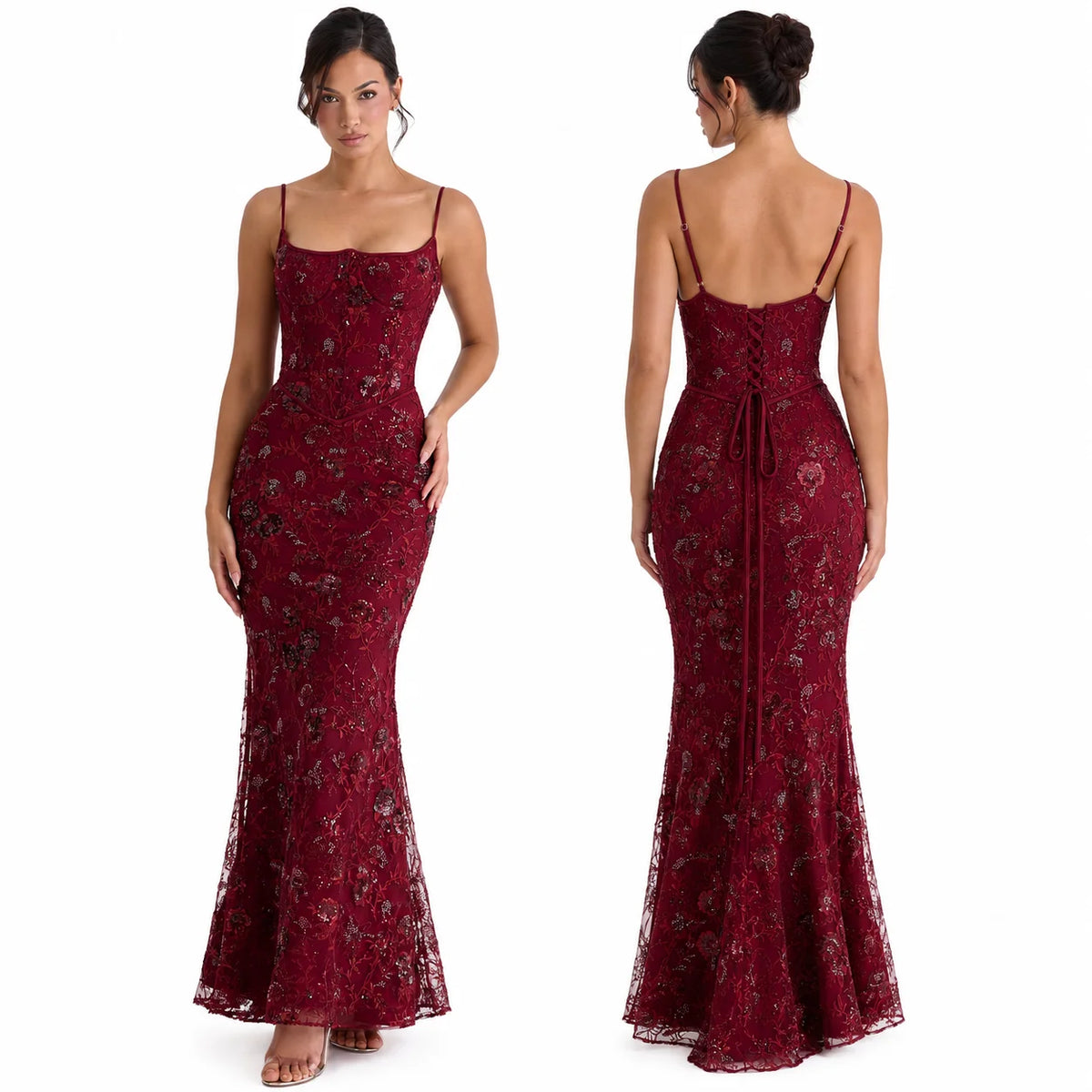 Women Floral Embroidery Sequin Mermaid Prom Dress, Spaghetti Strap Corset Bodycon Long Evening Gown for Wedding Guest Formal Party - Matrix-studios.com