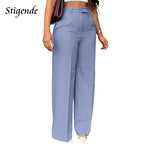 Stigende Wide Leg Straight Dress Pants with Pocket Women Plain Color Business Casual Pants Loose Fit Midi Waist Office Trousers