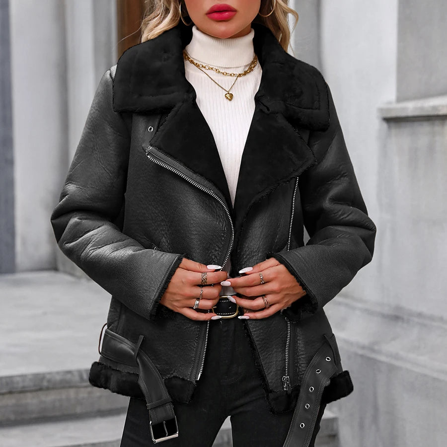 FTLZZ Winter Women Faux Fur Leather Jacket Casual Lady Thick Warm Leather Coat High Street Motorcycle Outwear - Matrix Studios