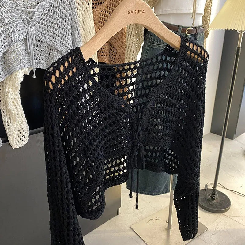Crochet Crop Tie Front Cardigan Women Long Sleeve Sheer OpenKnit Bolero Shrug Top Summer Beach Bikini Cover Up Y2K Outfit - Matrix Studios