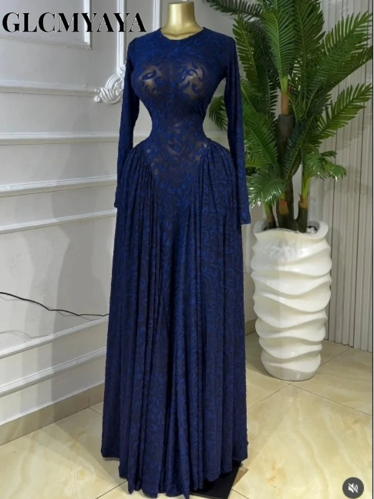 CM.YAYA Women O-neck Long Sleeve Pleated Inner A-line Maxi Dress 2026 Evening Sexy Party Birthday Vacation Long Dresses Vestidos - Matrix-studios.com