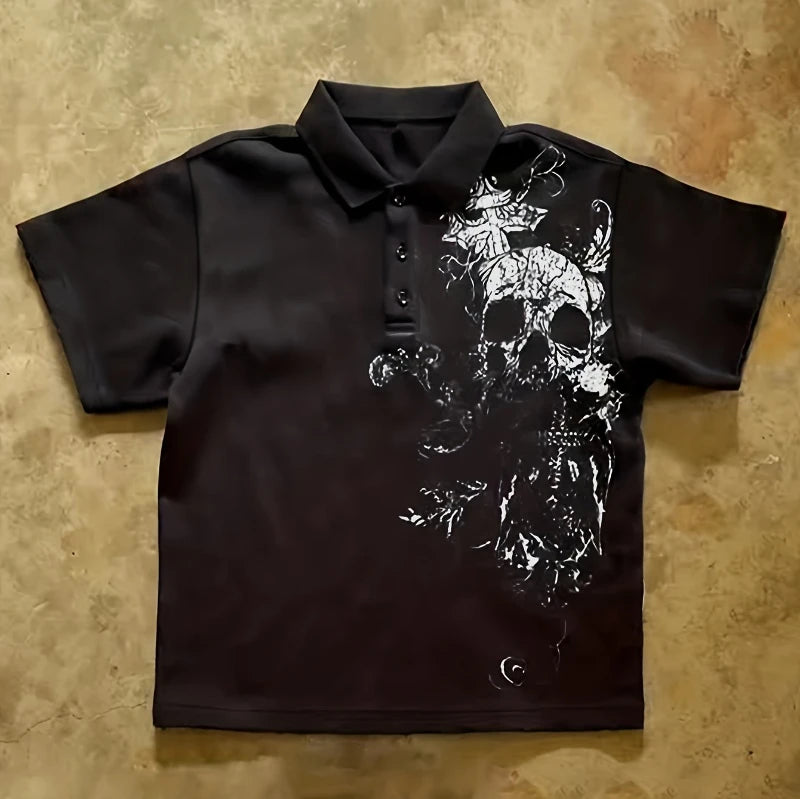 Vintage Skull Pattern Y2K Polo Shirt | Retro American Street Style, Short Sleeve, Loose Fit, Regular Length Placket All-Season - Matrix-studios.com