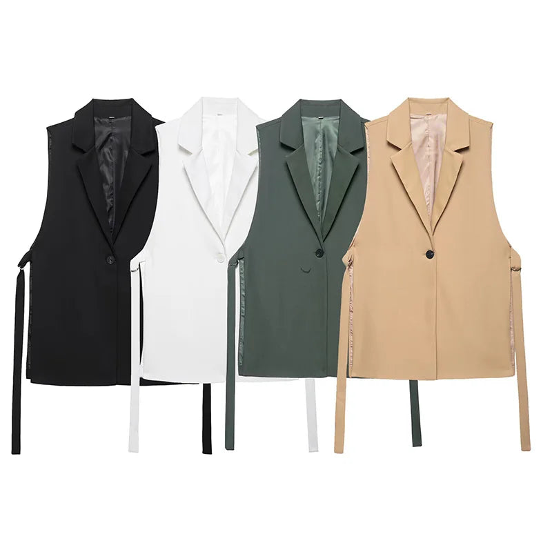 Willshela Women Fashion Solid Lace Up Vest V-Neck Single Button Sleeveless Jackets Female Chic Lady Outfit Tank Tops - Matrix Studios
