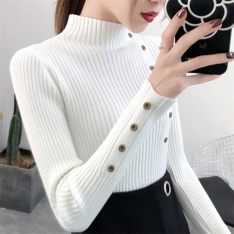 2026 Autumn Knitted Turtleneck Sweaters Women Solid Knitted Female Cotton Soft Elastic Color Slim Pullovers Button Full Sleeve - Matrix Studios
