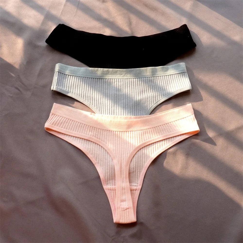 3 Pcs Seamless Ladies Ribbed Cotton Thong Simple Women's Low Waist Bikini Briefs Sports Girls Underwear Plus Size - Matrix Studios