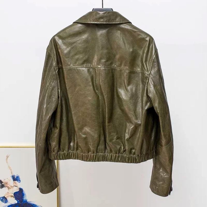 Advanced Oil Wax Leather Jacket for Women Autumn Winter Female 100% Lambskin Square Neck Elastic Waist  Loose Coat Vestes Femmes - Matrix Studios