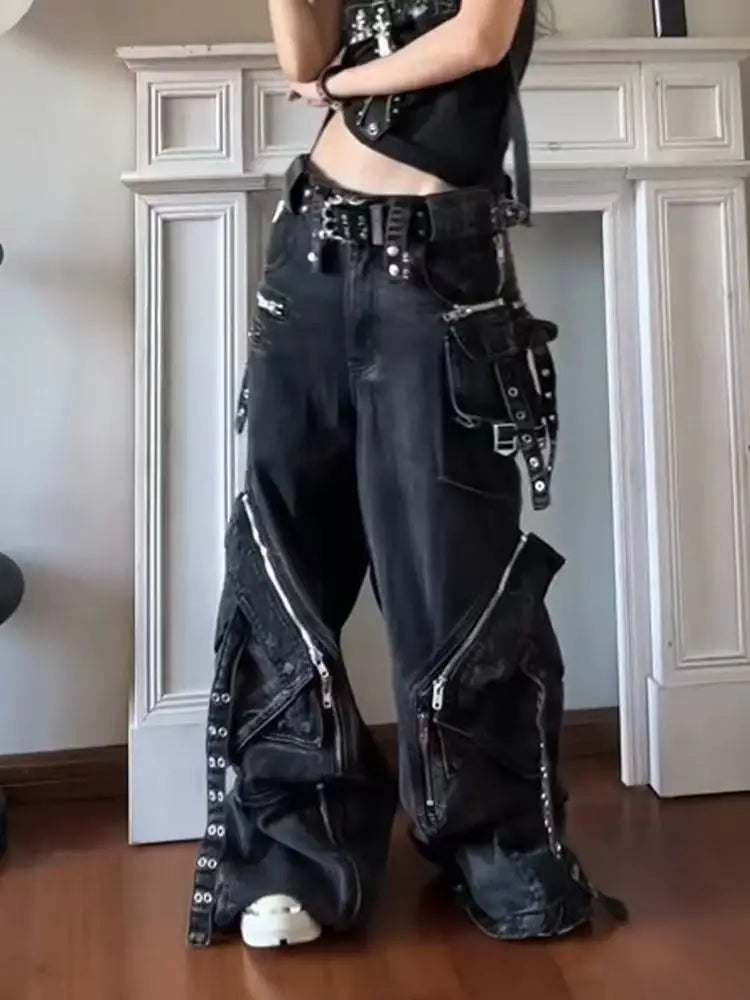 Black Gothic Punk Multi-Pocket Zipper Black Jeans Men And Women Y2K American Baggy Fashion Vintage Casual Loose Wide-Leg Jeans - Matrix-studios.com