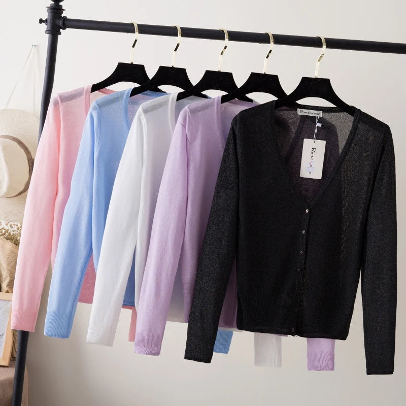 Summer Cardigan Women Cropped Korean Fashion Style Female Black Women's Coat Clothing V-neck Ladies Sweater Outerwear Cute Basic - Matrix Studios