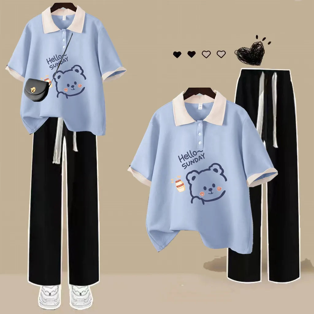 Fashion Polo Neck Short Sleeved T-shirt Cute Teddy Bear Loose Top Women Casual Tee - Matrix-studios.com