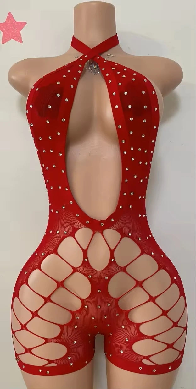 FAGADOER Sexy Hollow-out Rhinestone Patchwork Bodycon Rompers Woman Halter Sleeveless Backless Jumpsuits Female Party Clubwear - Matrix Studios