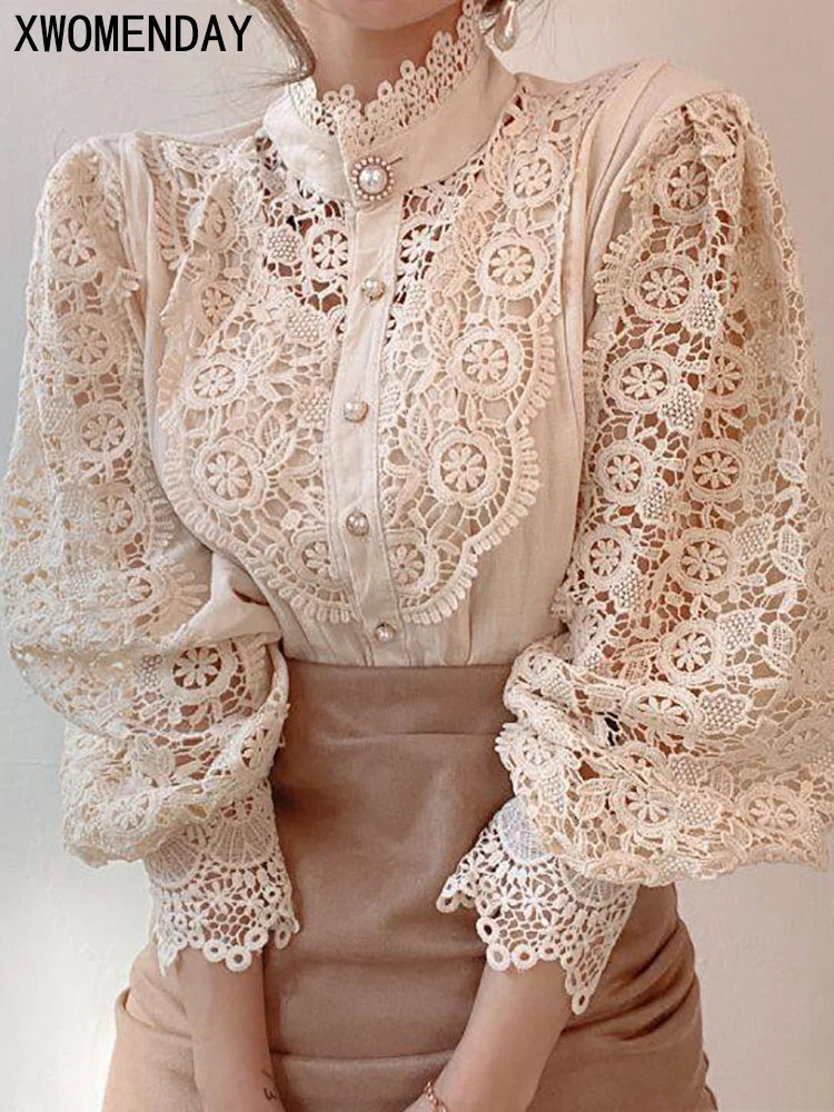 Women Chiffon Button Turtleneck Shirt Chic Elegant Floral Lace Fluffy Long Sleeve Top Fashion Hollow Oversize White Blouse 2025 - Matrix-studios.com