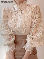 Women Chiffon Button Turtleneck Shirt Chic Elegant Floral Lace Fluffy Long Sleeve Top Fashion Hollow Oversize White Blouse 2025 - Matrix-studios.com