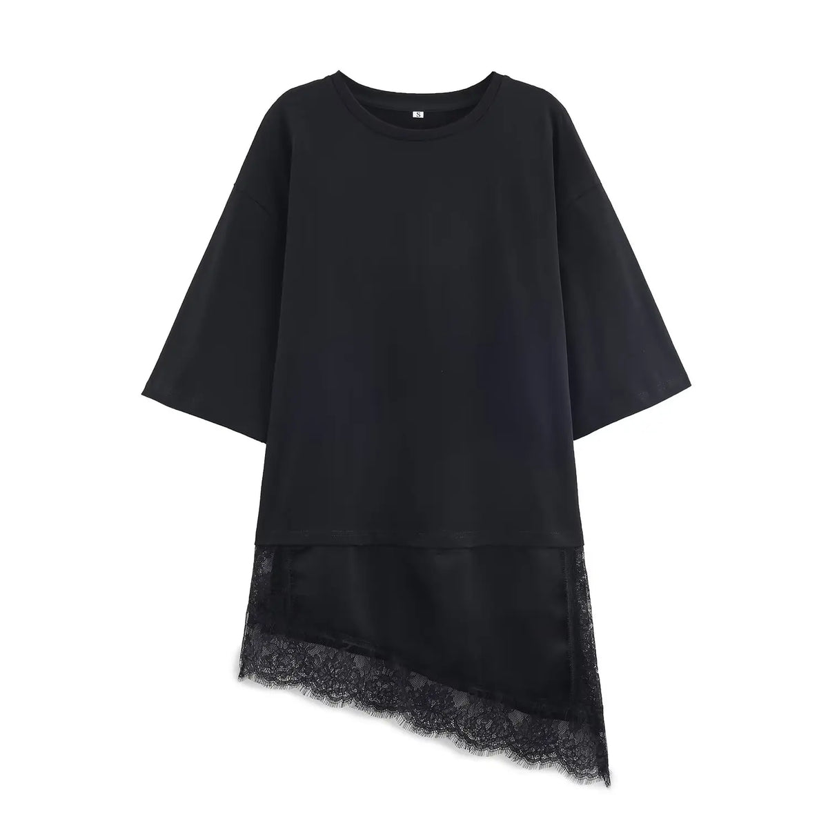 HH Women Vintage Solid Lace Patchwork T-Shirts Asymmetrical Hem O Neck Short Sleeve Shirt 2026 Trend High Street Lady Chic TEES - Matrix-studios.com