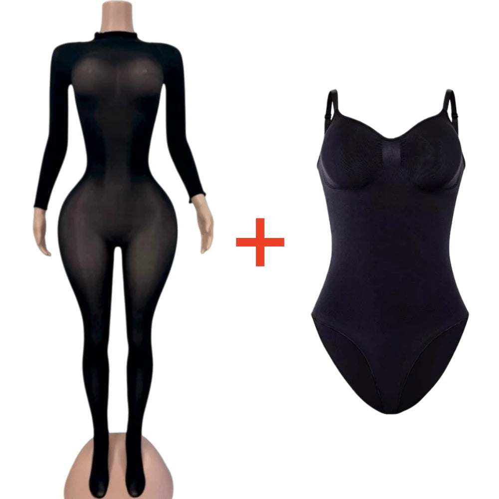HLJ&GG Sexy Mesh See Through Bodycon Jumpsuits And Bodysuits Suits Women Long Sleeve Stretchy Playsuits Party Night Club Overall - Matrix Studios