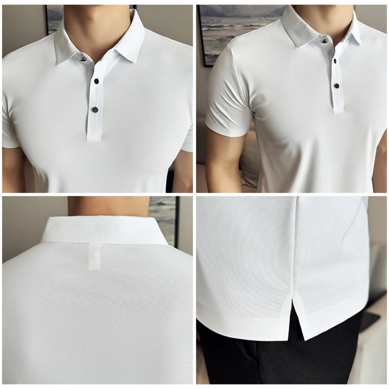 Ice Silk High Elastic Seamless T-shirt ,Summer Thin Polo Shirt, Solid Color Polo Collar Short Sleeve Brown Top, Business Leisure - Matrix-studios.com