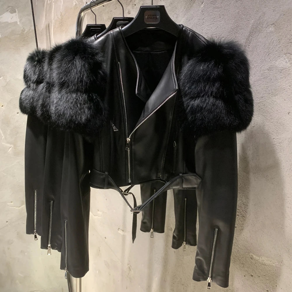 Leather Jacket Factory Ladies Short Leather Jacket Real Fox Fur Sleeve Coat Women Autumn 21001 - Matrix Studios