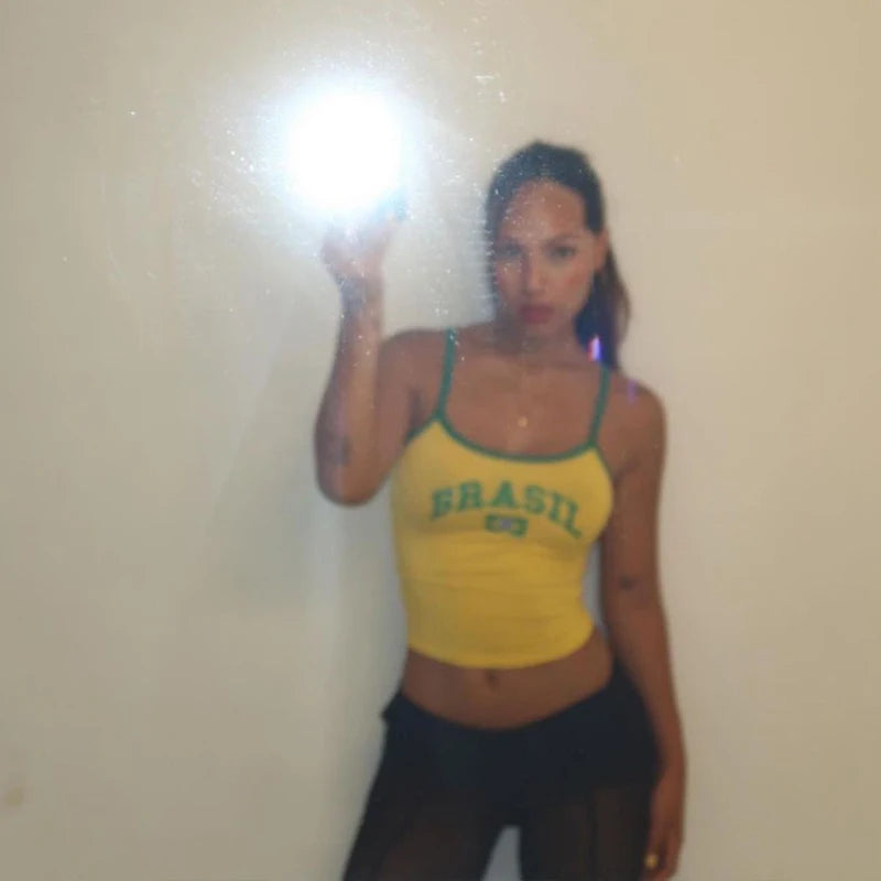 Hot Sexy Brazil Streetwear Sling Yellow Crop Top For Women Girl Casual Clothes Elastic Camis Sleeveless Backless Short Tank Tops - Matrix-studios.com
