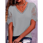 Spring Summer Women Shirts Elegant Hollow Out Lace Short Sleeve V-neck  Casual Chic Oversized Blouses Solid Color Streetwear Top - Matrix-studios.com