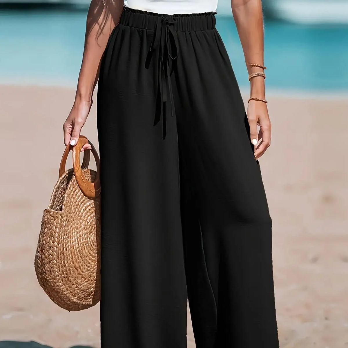 Women's Casual Wide Leg Pants - All Season Comfort Pockets Elastic Waist Loose Fit Solid Color Pants Suitable for Outdoor and Le - Matrix-studios.com