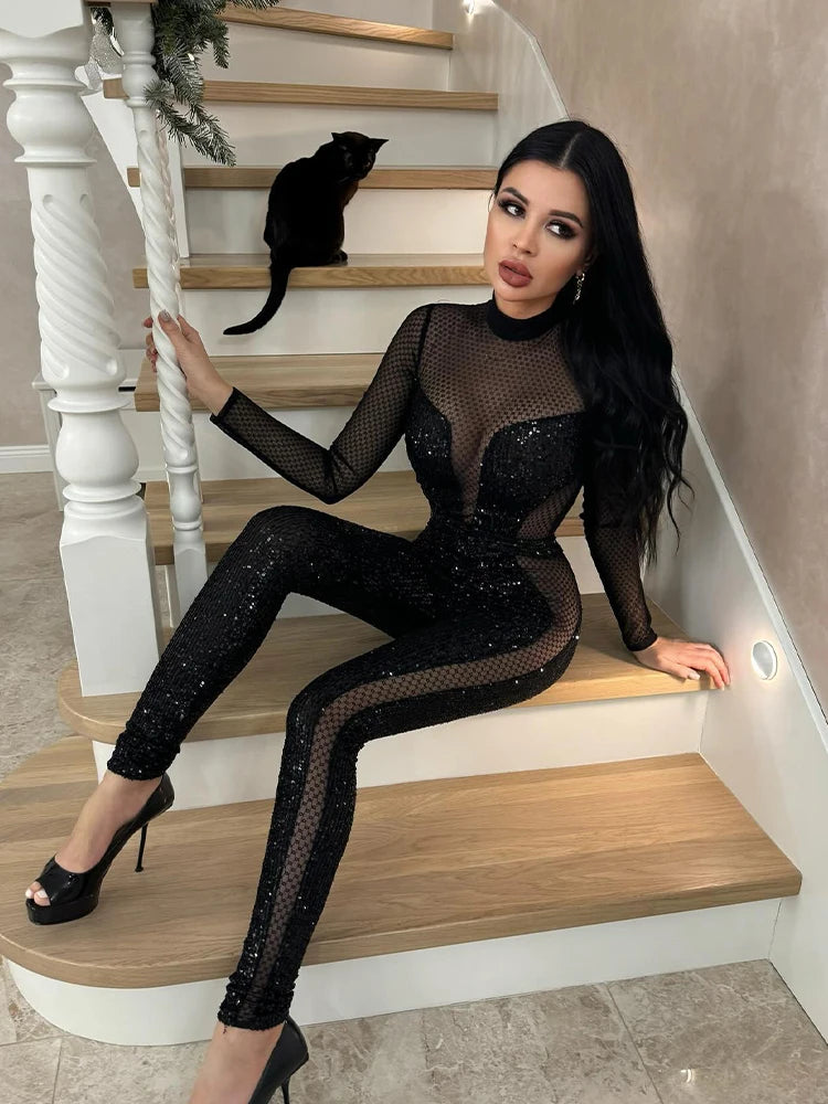 Mesh Patchwork Jumpsuits For Women Fashion Sexy Club Sequined Long Sleeves O-Neck Slim Fit See Through Romper Female Streetwear - Matrix Studios