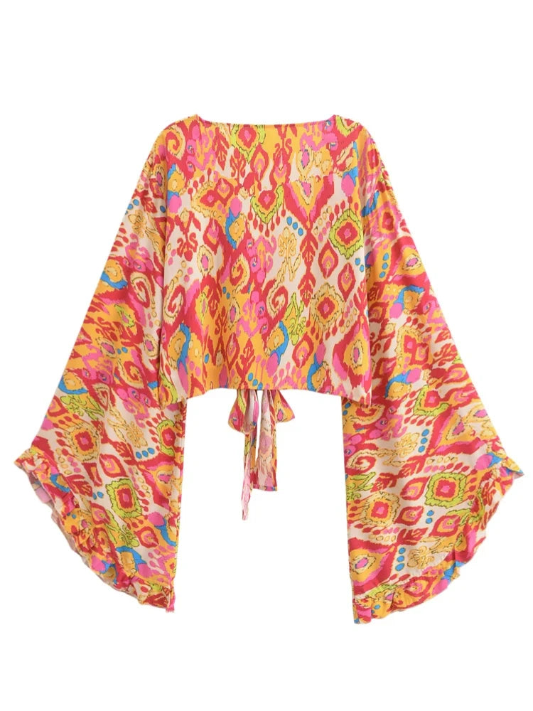 Boho Vintage Floral Print Beach Summer Short Kimono Women 2025 Fashion Ruffles Flare Sleeves Vacation Bohemian Bikini Cover-ups - Matrix Studios