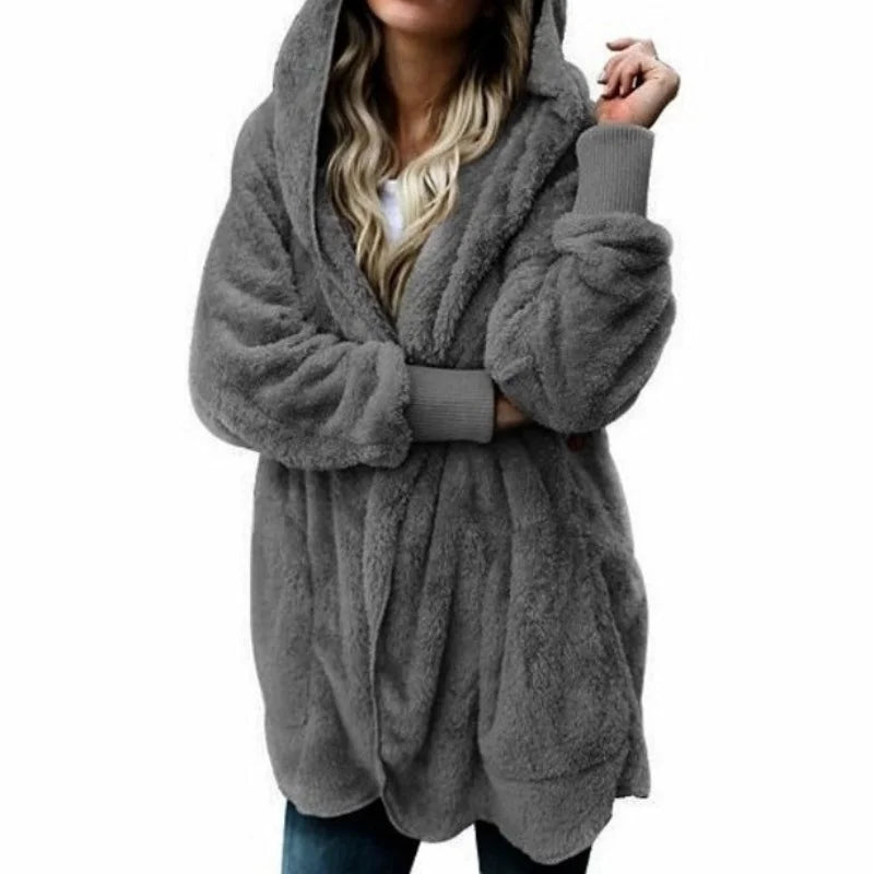 Women Autumn Winter Double-faced Fur Fleece Faux Fur Medium Style Hooded Warm Thick Coat Casual Solid Long-sleeved Fur Overcoat - Matrix Studios