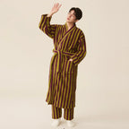 Thickened Flannel Robe Pants Pajamas Set Autumn Winter New Couple Coral Velvet Women Men Bathrobe Striped Lengthed Home Clothes - Matrix-studios.com