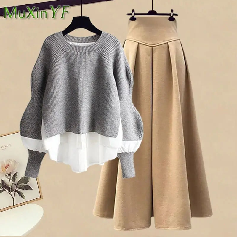 2026 Spring/Autumn New Korean Elegant Splice Fake Two Piece Knitted Sweater Dress Matching Set Women's Chic Pullover Skirt Set - Matrix-studios.com