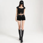 Summer Y2k Sexy Low Waist Mini Denim Shorts Women Vintage Korean Popular Girls Slight Strech Streetwear Gothic Rivet Black Jeans - Matrix-studios.com