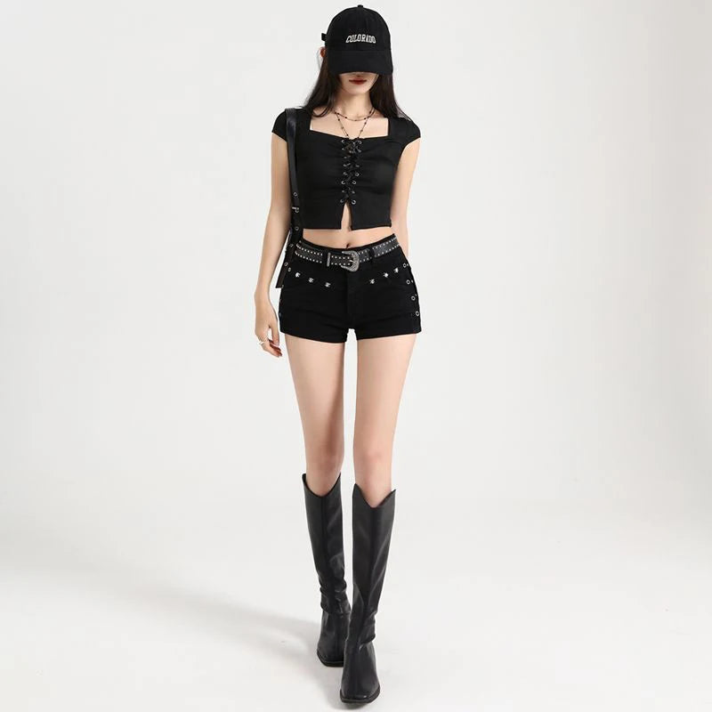 Summer Y2k Sexy Low Waist Mini Denim Shorts Women Vintage Korean Popular Girls Slight Strech Streetwear Gothic Rivet Black Jeans - Matrix-studios.com
