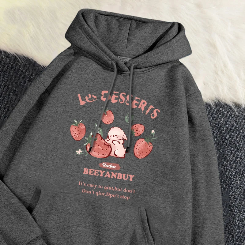 Fashion Women'S Hoodie Cute Strawberry And Rabbit Printed Sweatshirt Pocket Soft Warm Breathable Pullover Autumn Winter Hoody - Matrix Studios