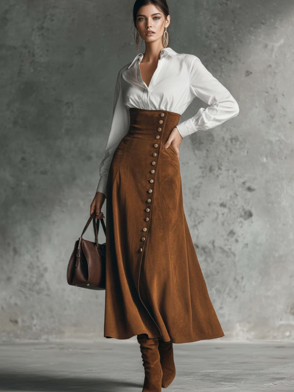 Women Two Piece Outfit Lapel Long Sleeve Shirt High Waist Side Button Flared Midi Skirt Casual Commute Matching Set For Women Daily Outdoor Wear - Matrix-studios.com