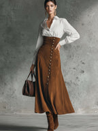 Women Two Piece Outfit Lapel Long Sleeve Shirt High Waist Side Button Flared Midi Skirt Casual Commute Matching Set For Women Daily Outdoor Wear - Matrix-studios.com