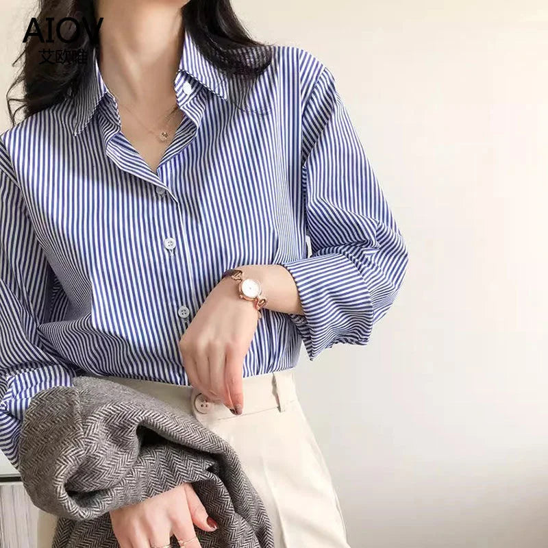 Classic Striped Woman Spring Autumn Blouses Shirt Lady Long Lantern Sleeve Stand Collar Loose Blusas Tops - Matrix-studios.com