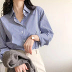 Classic Striped Woman Spring Autumn Blouses Shirt Lady Long Lantern Sleeve Stand Collar Loose Blusas Tops - Matrix-studios.com