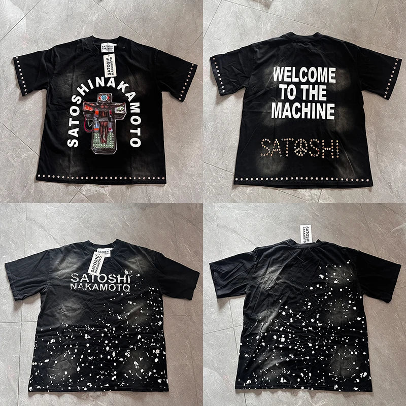American Street Satoshi Mechanical Jesus Print t shirt Short Sleeve Washed Vintage Style Men's Tee Shirts Summer Trend Clothing - Matrix-studios.com