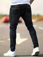 Men's American Retro Hole-Punched Stretch Slim Fit Jeans Zipper Casual Streetwear Denim Pants Classic Black Blue Skinny Trousers - Matrix Studios