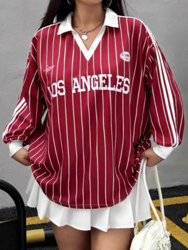 Burgundy White Striped Letter Print Color Block Vintage Streetwear Loose Fit Casual Top Women's Oversized Polo Collar T-Shirt - Matrix-studios.com