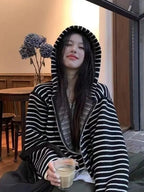 2000S American Vintage Striped Loose Long Sleeve Hooded Sweatshirt Y2k Subculture Casual Zip Up Hooded Cardigan Harajuku Coats - Matrix Studios