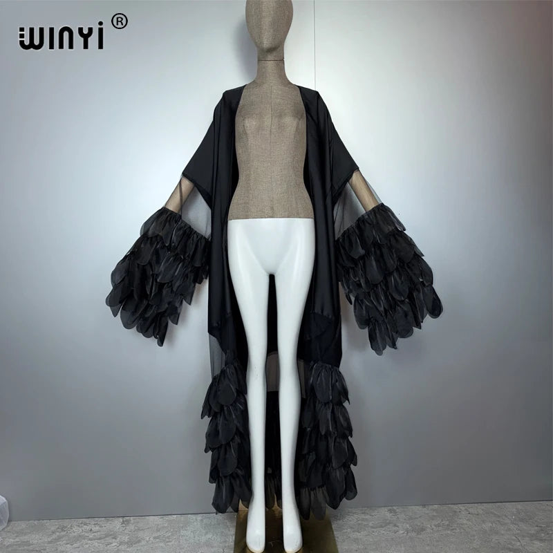 WINYI Catwalk Sexy Kimono Women Elegant Coat Long Sleeve Cardigan Abaya Dubai Luxury Beachwear Cover Up Dress Holiday Caftan - Matrix Studios